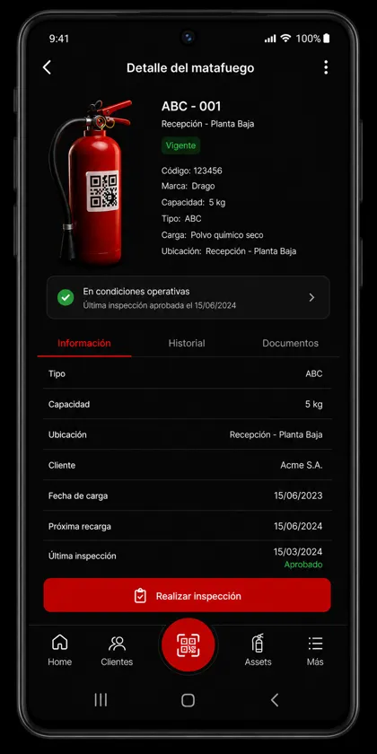 Ficha de un matafuego en FireApp, con su estado y vencimientos