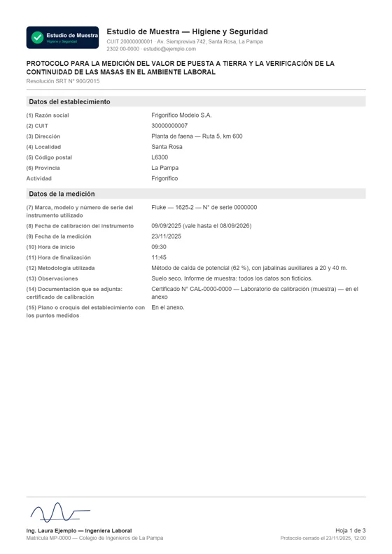 Primera hoja de un protocolo de puesta a tierra generado por PuntoCheck